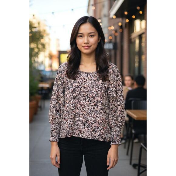 LOFT Floral Smocked Long Sleeve Blouse | Multicolor Print Women’s Size XS Petite - Picture 2 of 5